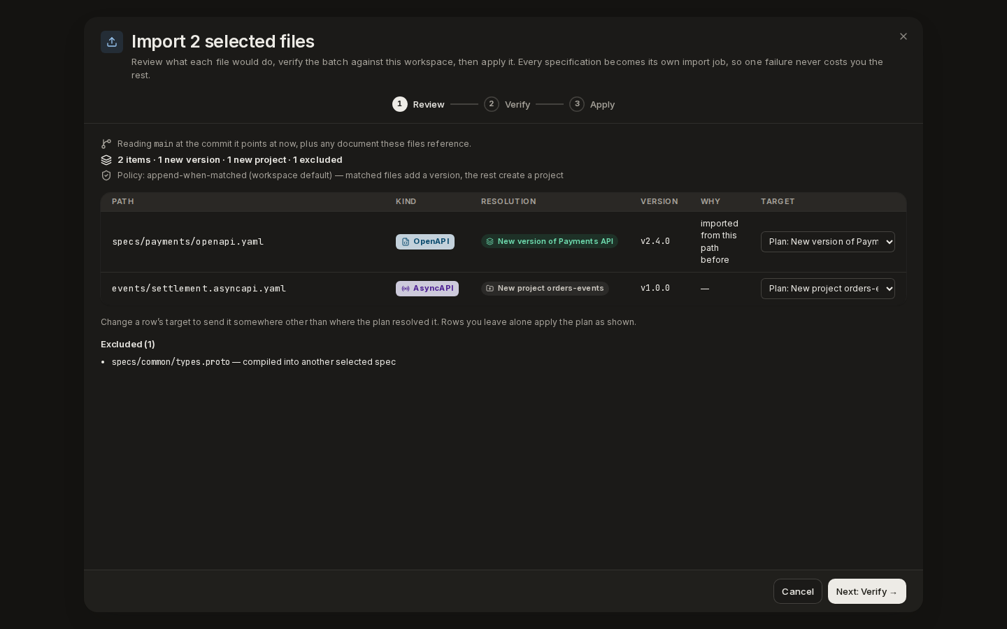 Import 2 selected files: each file's kind, resolution and target project