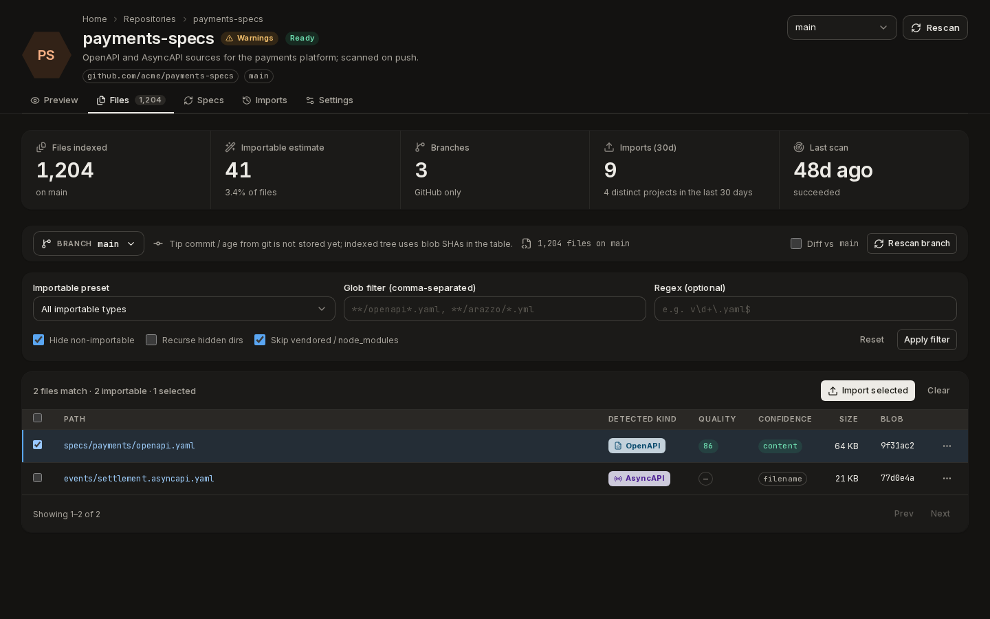 A repository's Files tab: importable files with detected kind, quality and confidence