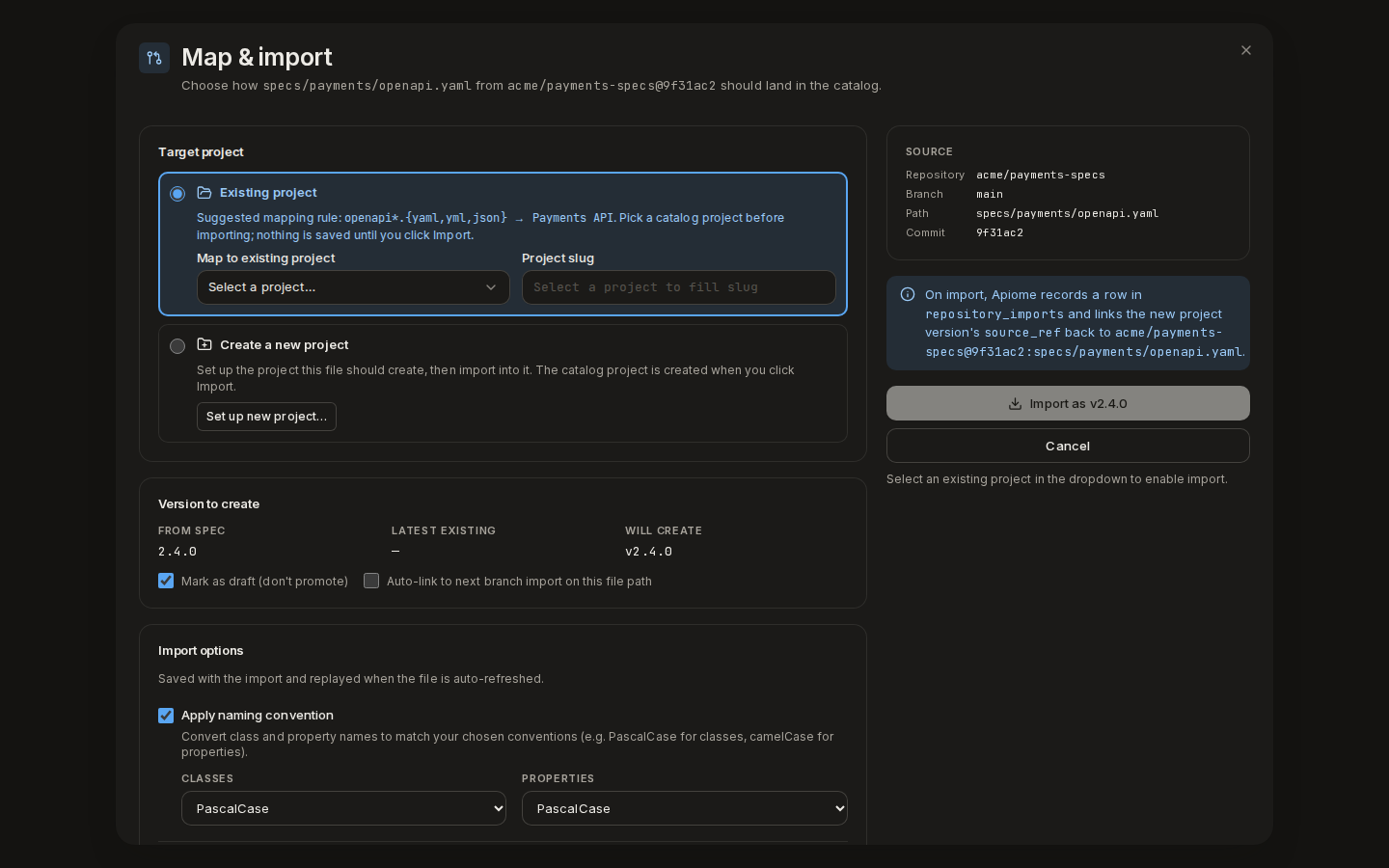 Map & import: target an existing project or create a new one, and the version to create
