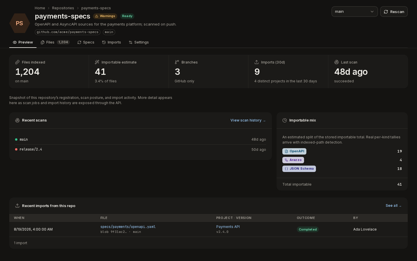 A repository's Preview tab: files indexed, importable estimate, branches, recent scans and imports