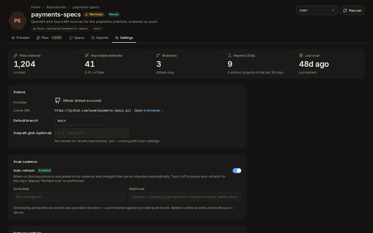 A repository's Settings tab: source, scan cadence and refresh behaviour