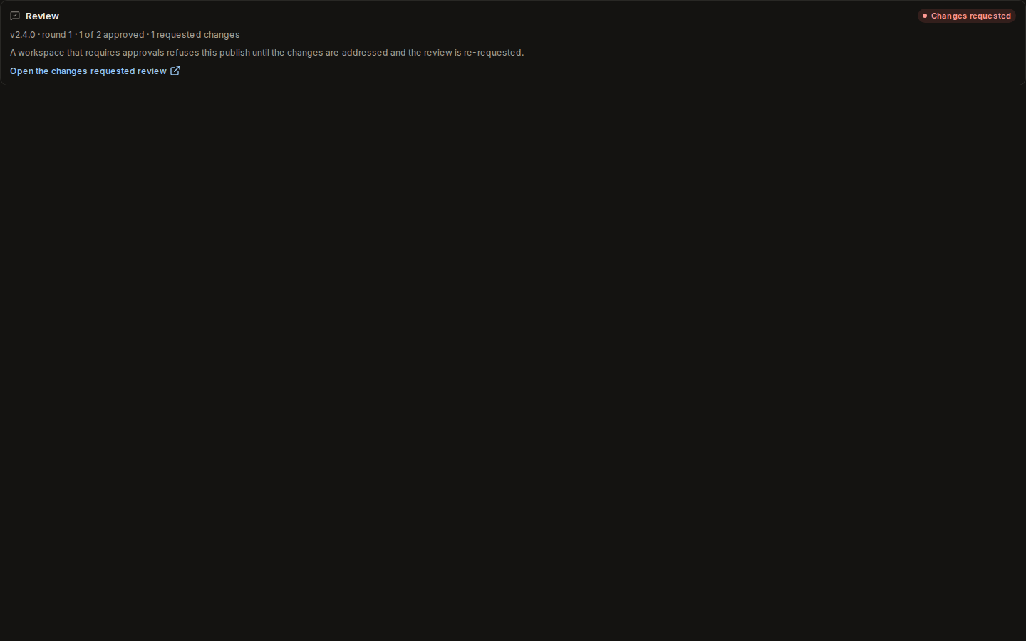 The publish dialog's Review card: changes requested, and the note that the workspace refuses this publish