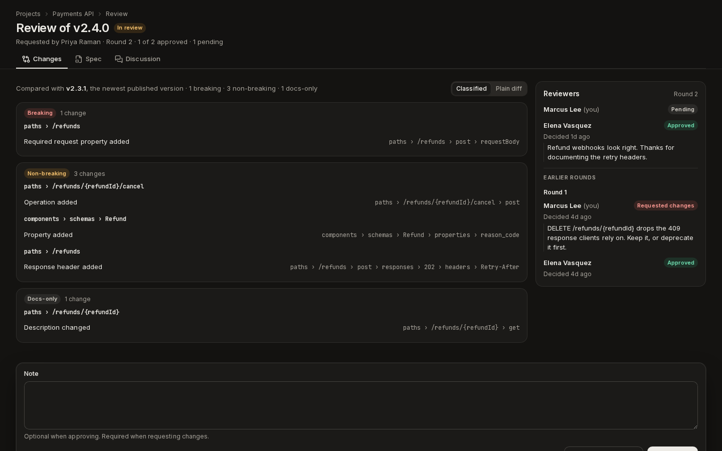 Review of v2.4.0, round 2: the classified changes, the reviewers with one approval and one pending, and the decision bar