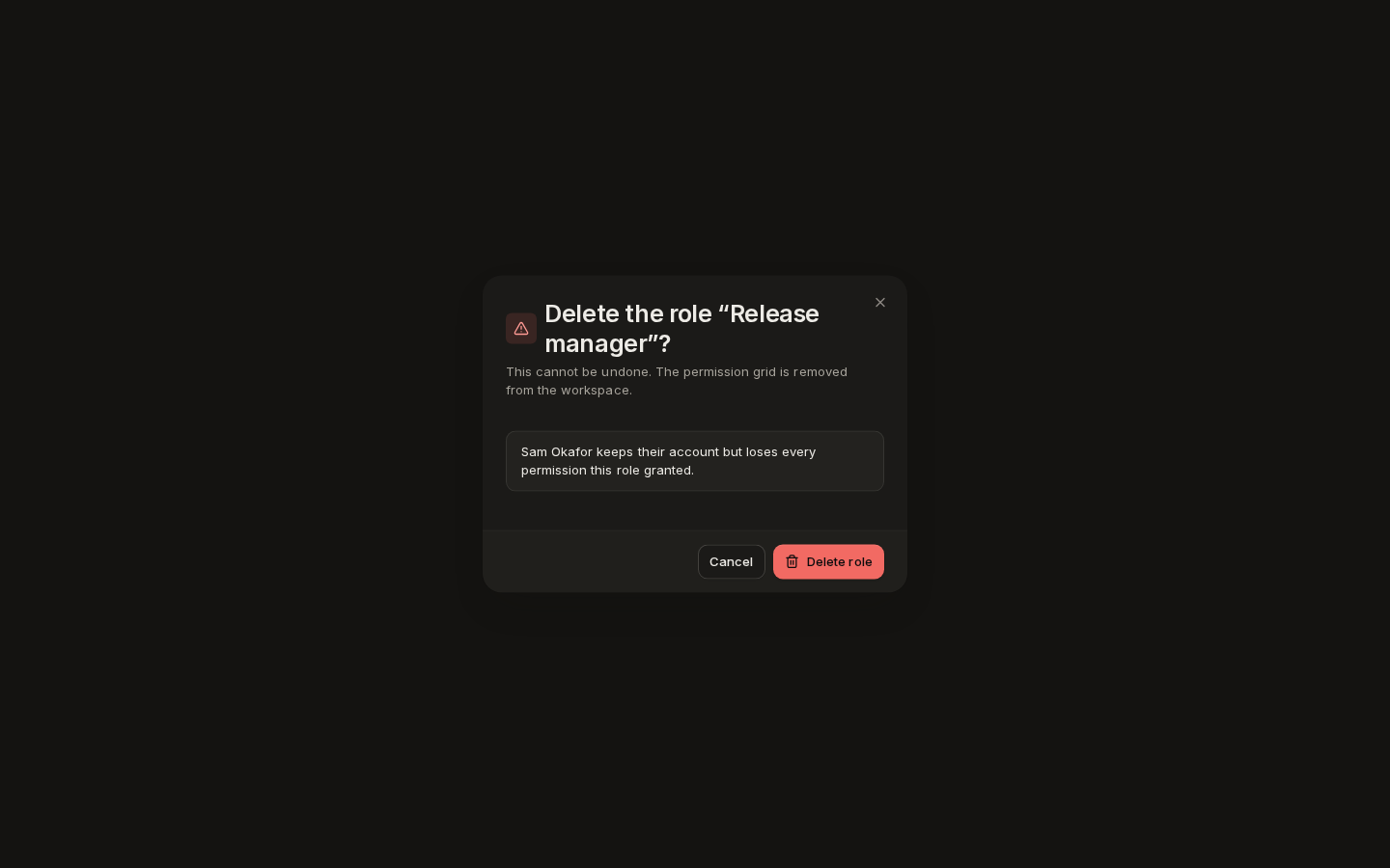 Delete the role Release manager? Sam Okafor keeps their account but loses every permission this role granted.