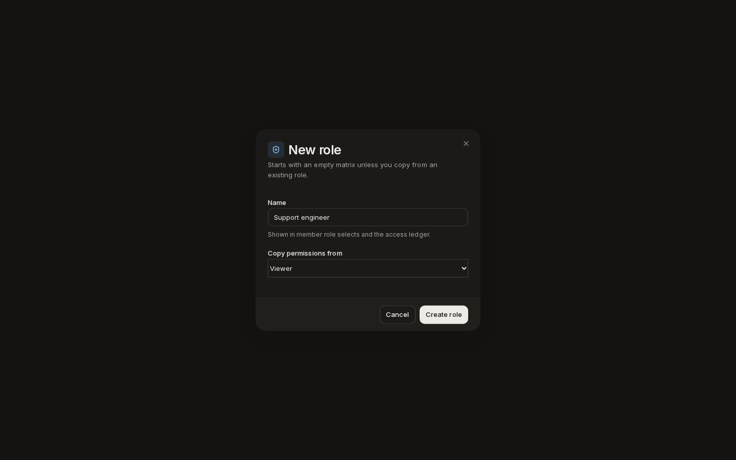 The New role dialog: the name Support engineer, copying permissions from Viewer