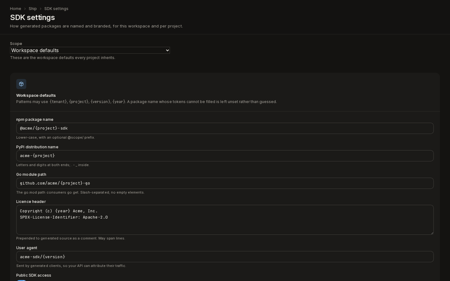 SDK settings at Workspace defaults: npm, PyPI and Go package name patterns, the licence header and the user agent