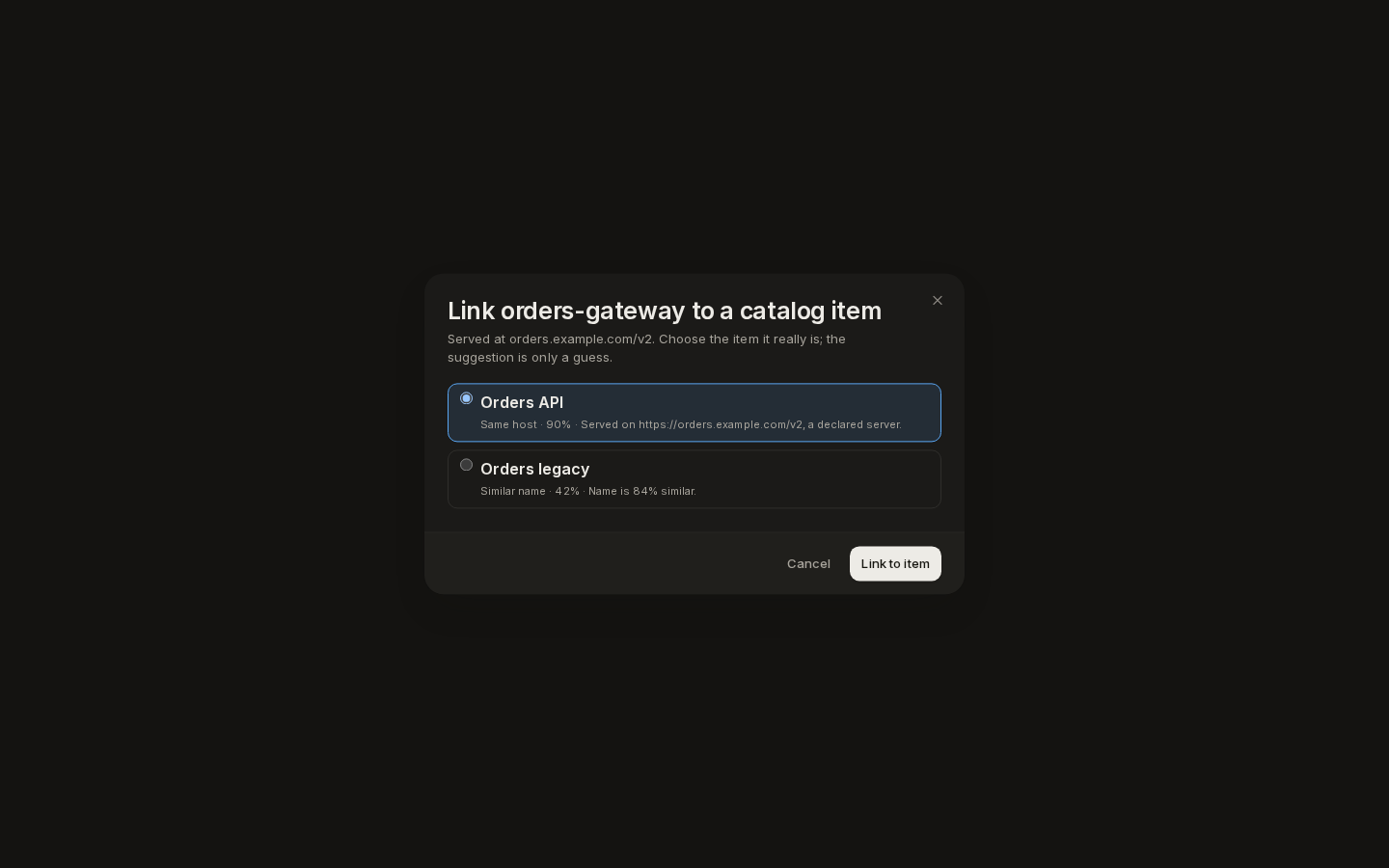 Link dialog: the suggested catalog item selected with its match and confidence, another candidate below, and the Link to item button
