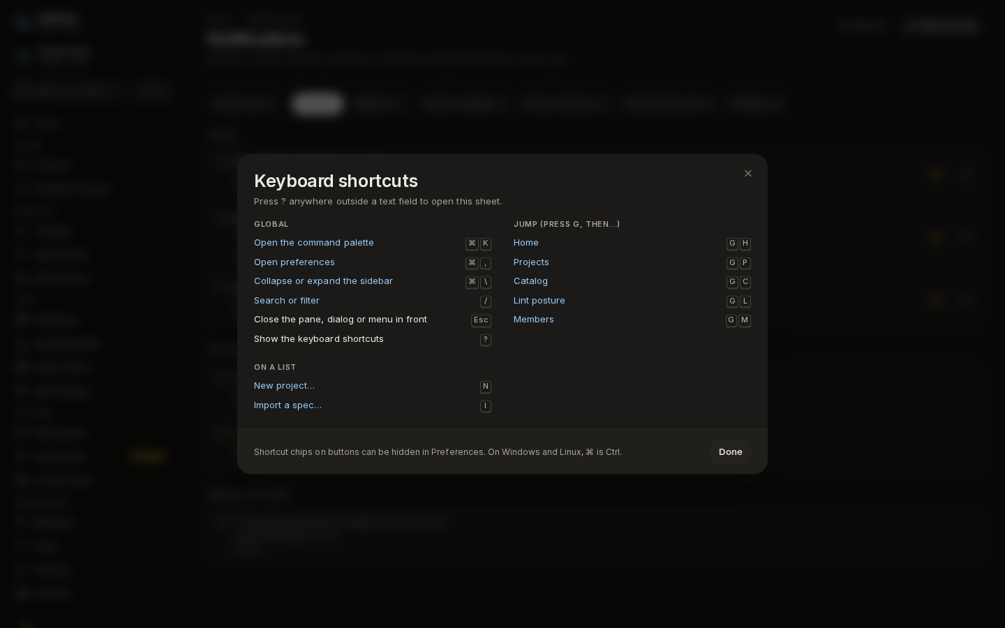 The Keyboard shortcuts sheet: global shortcuts, jump sequences and list actions