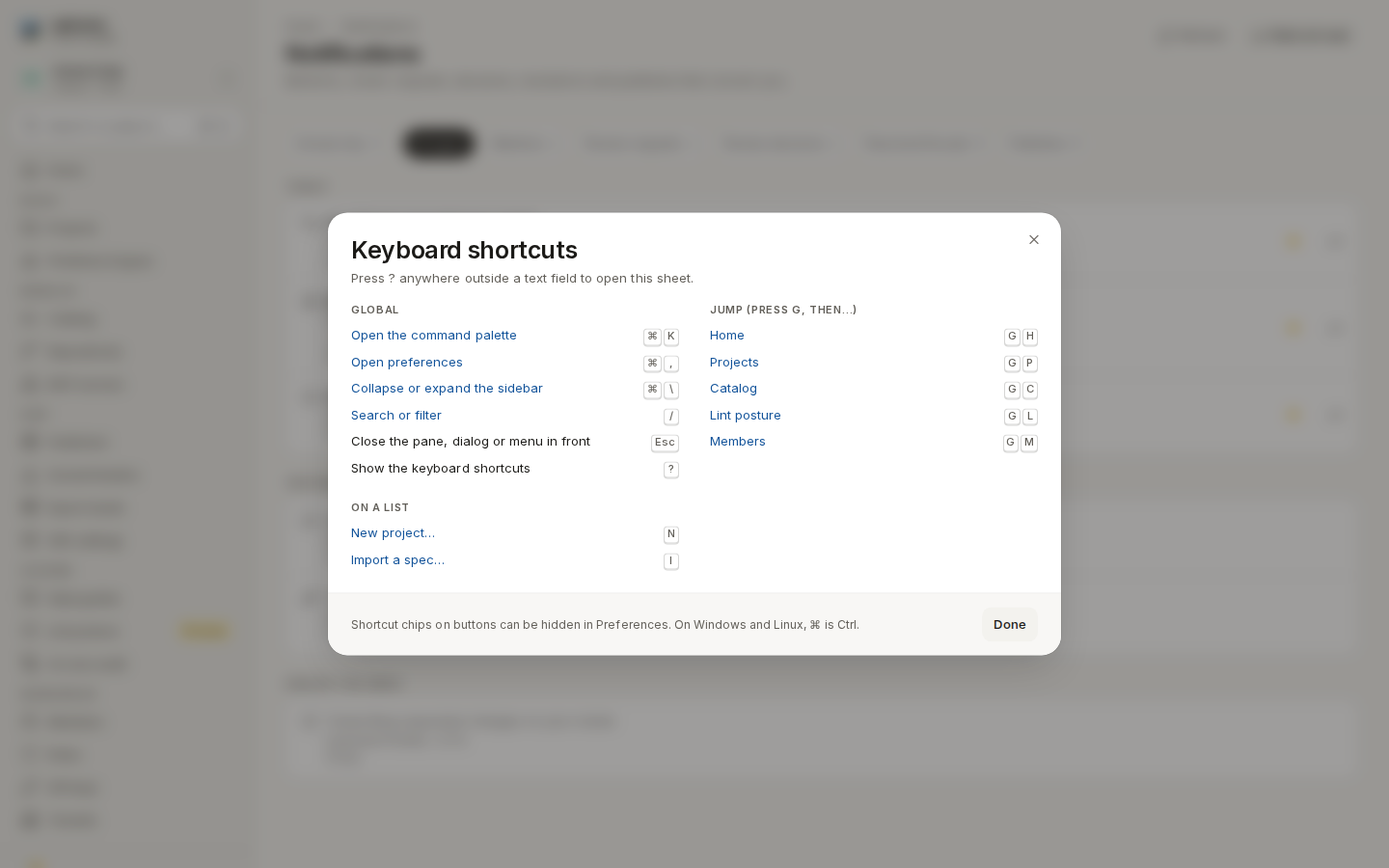 The Keyboard shortcuts sheet: global shortcuts, jump sequences and list actions