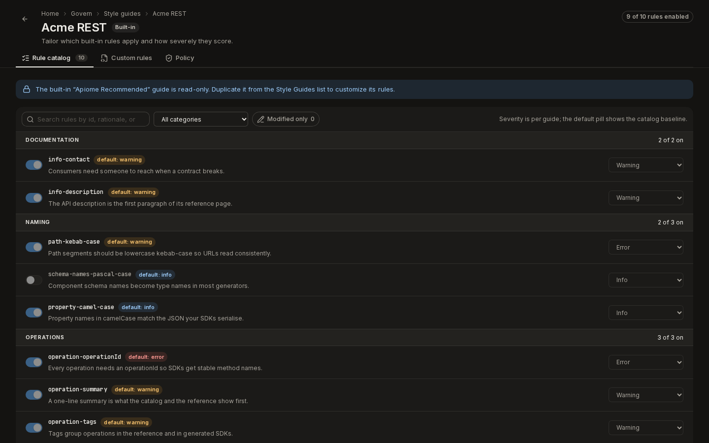 The built-in Apiome Recommended guide's rule catalog, read-only, with the note to duplicate it