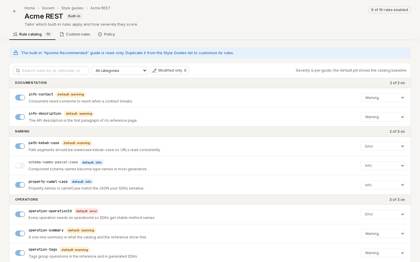 The built-in Apiome Recommended guide's rule catalog, read-only, with the note to duplicate it