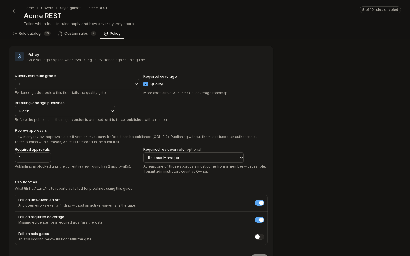 A guide's Policy tab: minimum grade B, block breaking changes, two approvals from Release Manager