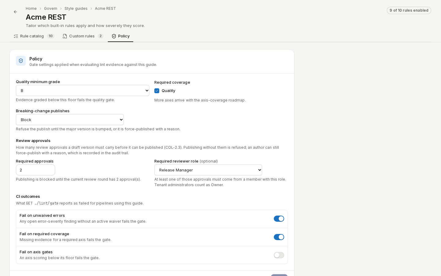 A guide's Policy tab: minimum grade B, block breaking changes, two approvals from Release Manager