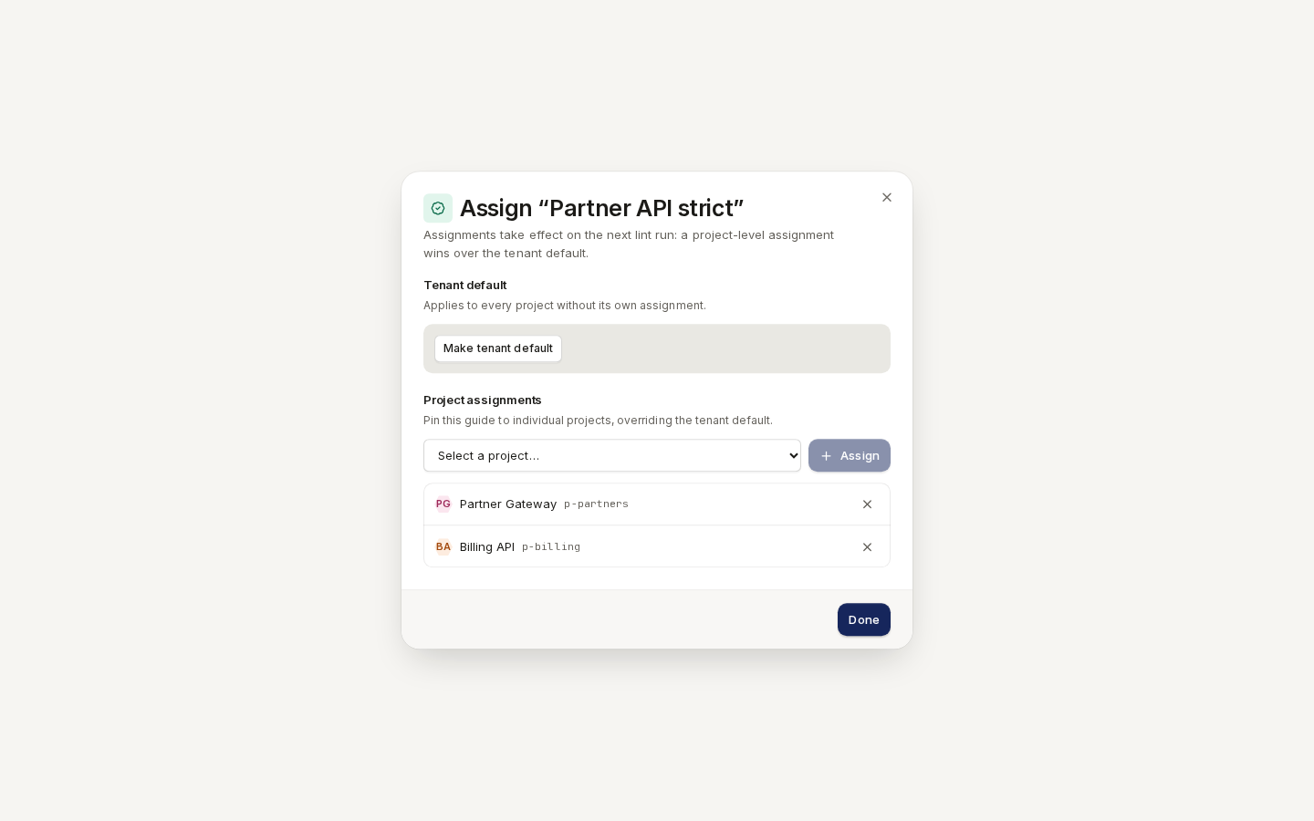 Assign a style guide: tenant default and project assignments