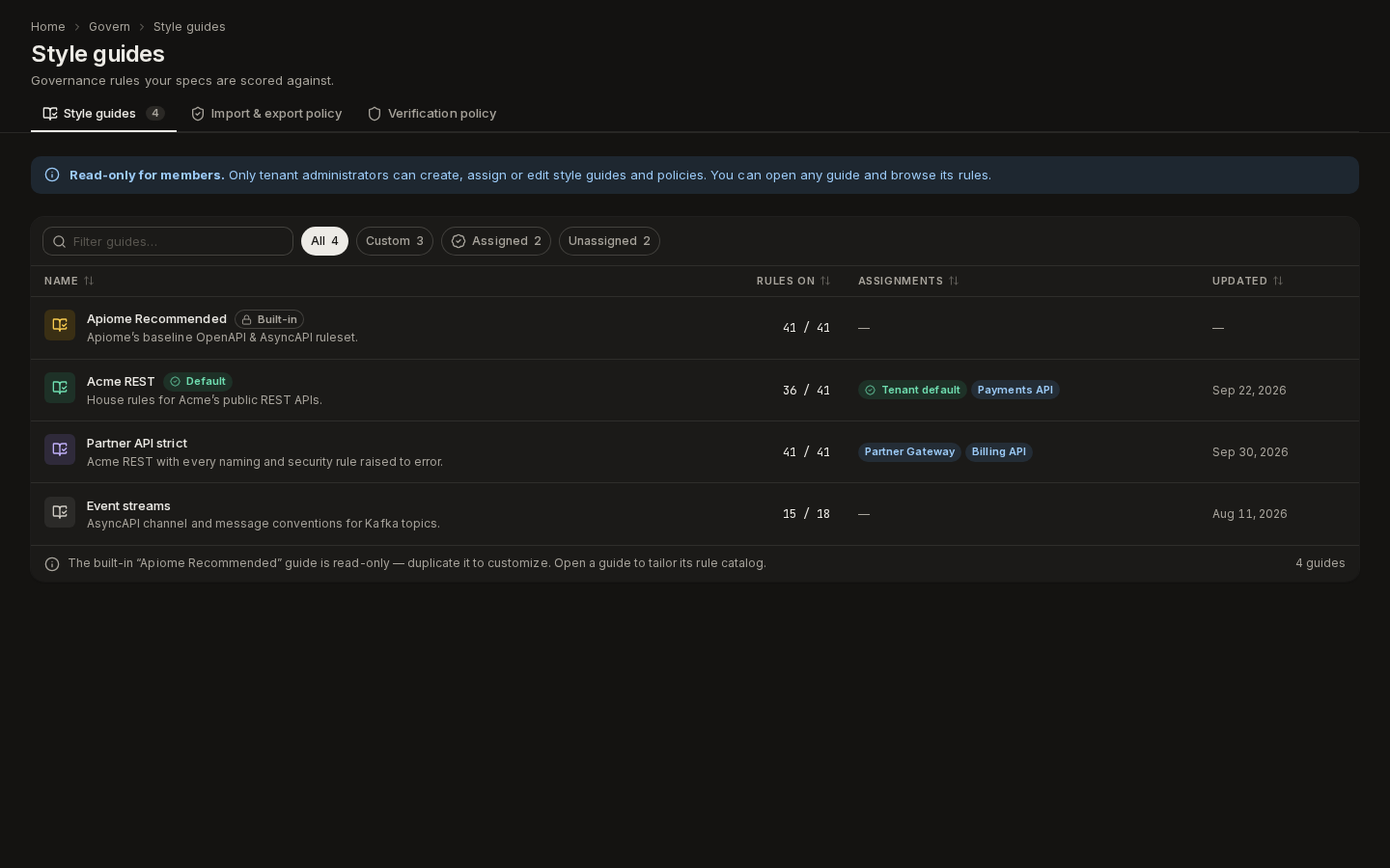 Style guides as a member: the Read-only for members banner and no create or assign actions