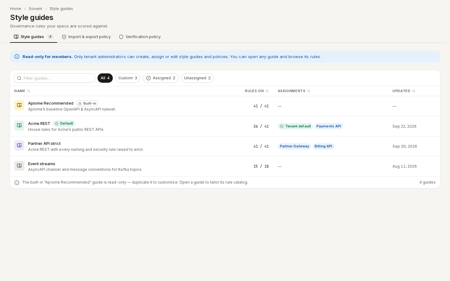 Style guides as a member: the Read-only for members banner and no create or assign actions