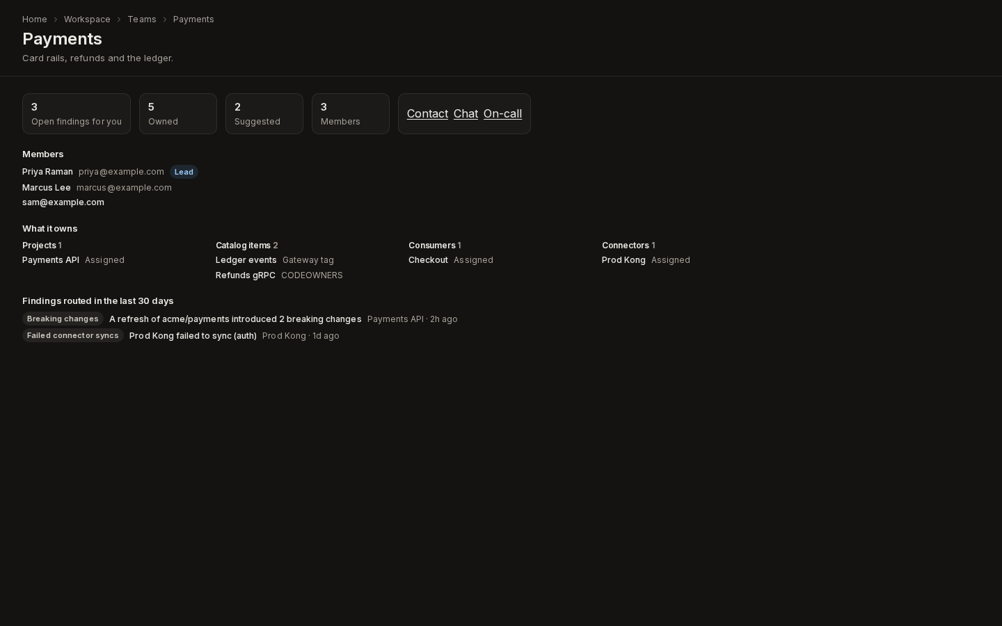 The Payments team page: 3 open findings, its members with the lead marked, what it owns by kind, and two routed findings