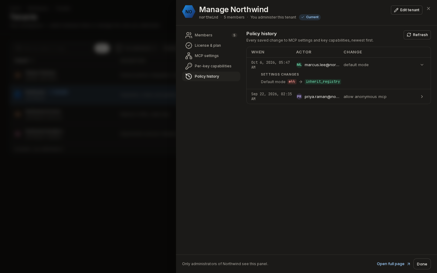 Policy history: two changes, the newest expanded to show the default mode changed from all to inherit_registry