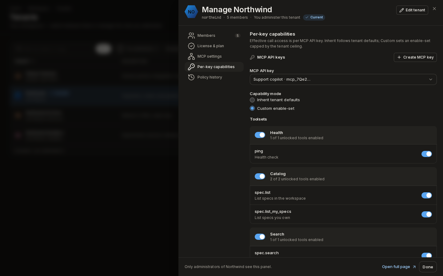 Per-key capabilities: the Support copilot key on a custom enable-set, with its toolsets and tools switched on