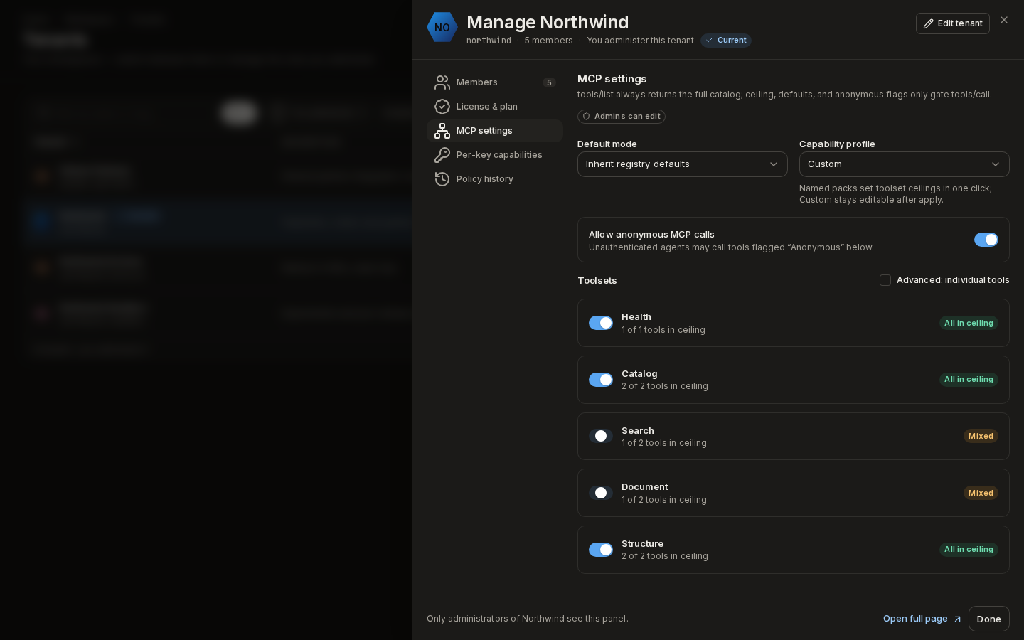 MCP settings: default mode, capability profile, the anonymous-calls switch and five toolsets with their ceiling badges