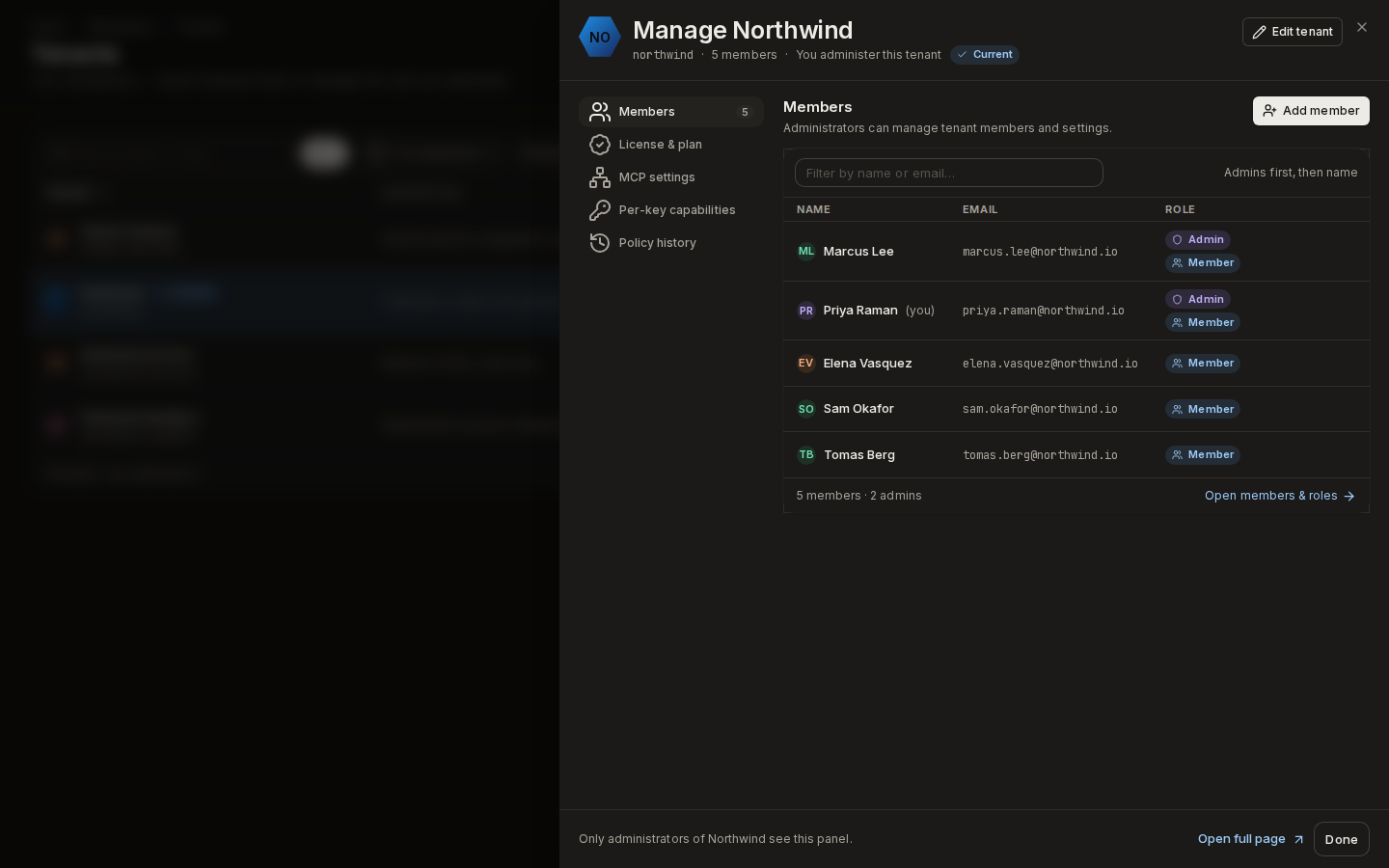 Manage Northwind, Members section: five members with their Admin and Member roles, and Add member