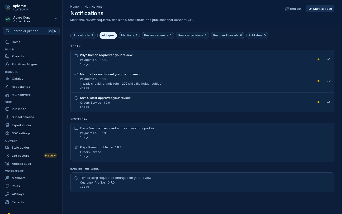 The Blueprint theme: deep navy surfaces with pale blue ink