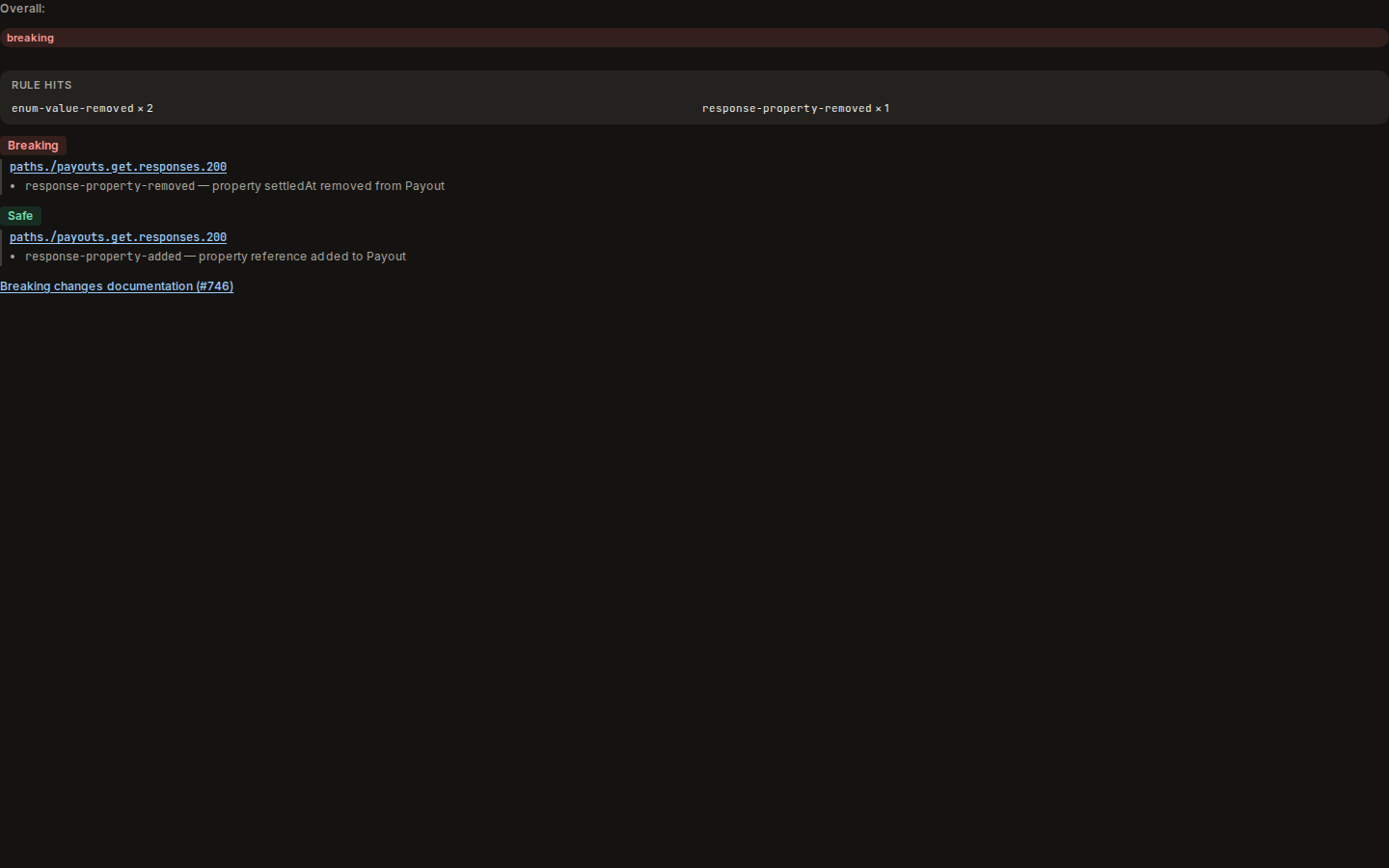 Compare, Breaking doc: the overall verdict, the rules that fired, and breaking and safe changes by path