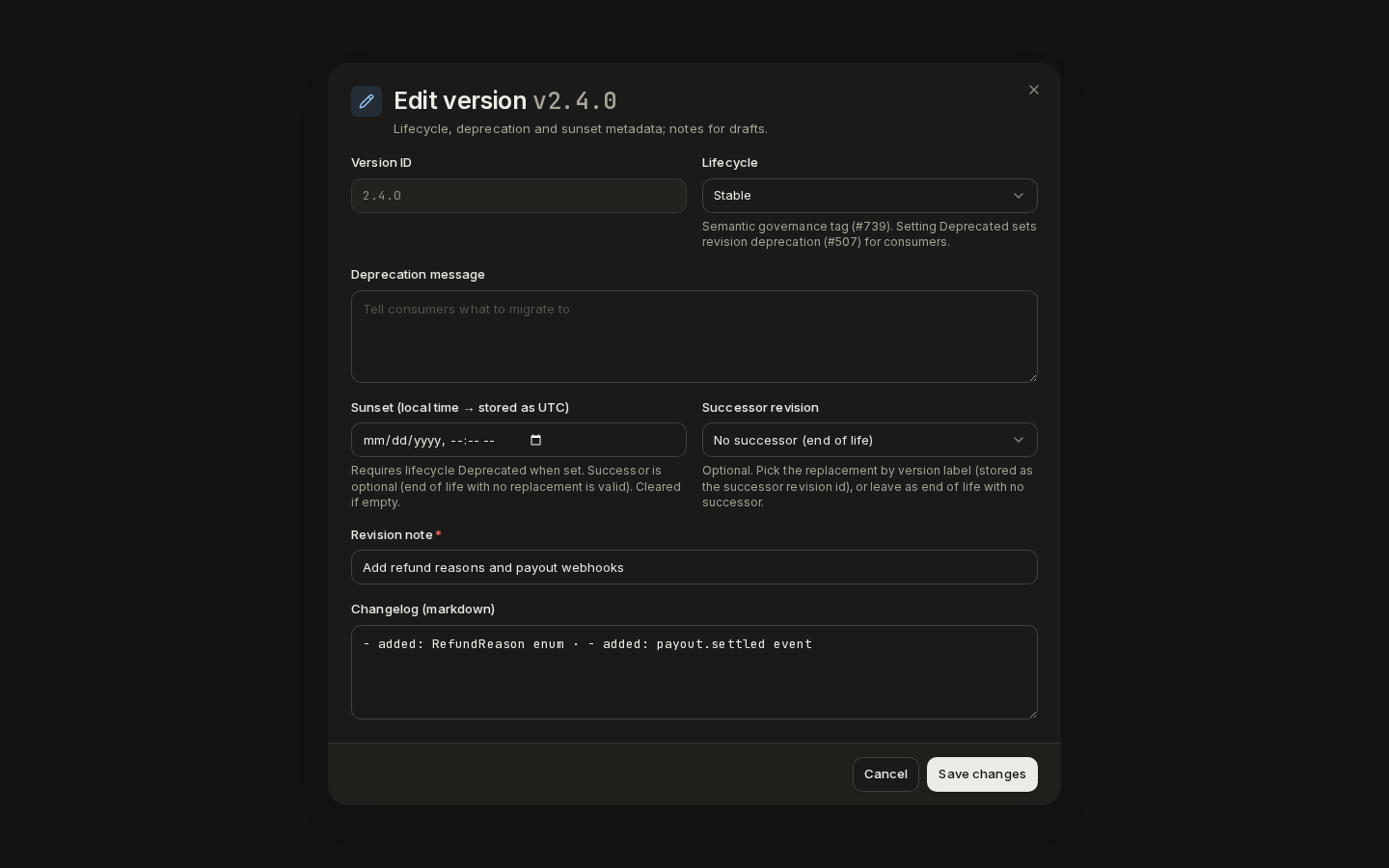 The Edit version dialog: lifecycle, deprecation message, sunset, successor, revision note and changelog