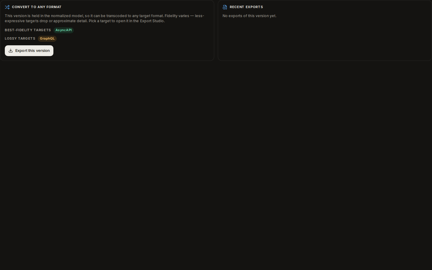 The export panel: convert to any format, best-fidelity and lossy targets, and recent exports
