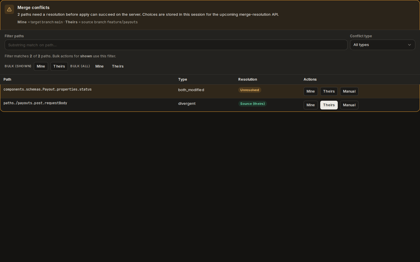 Merge conflicts, from a development build: two paths needing a resolution, with Mine, Theirs and Manual choices