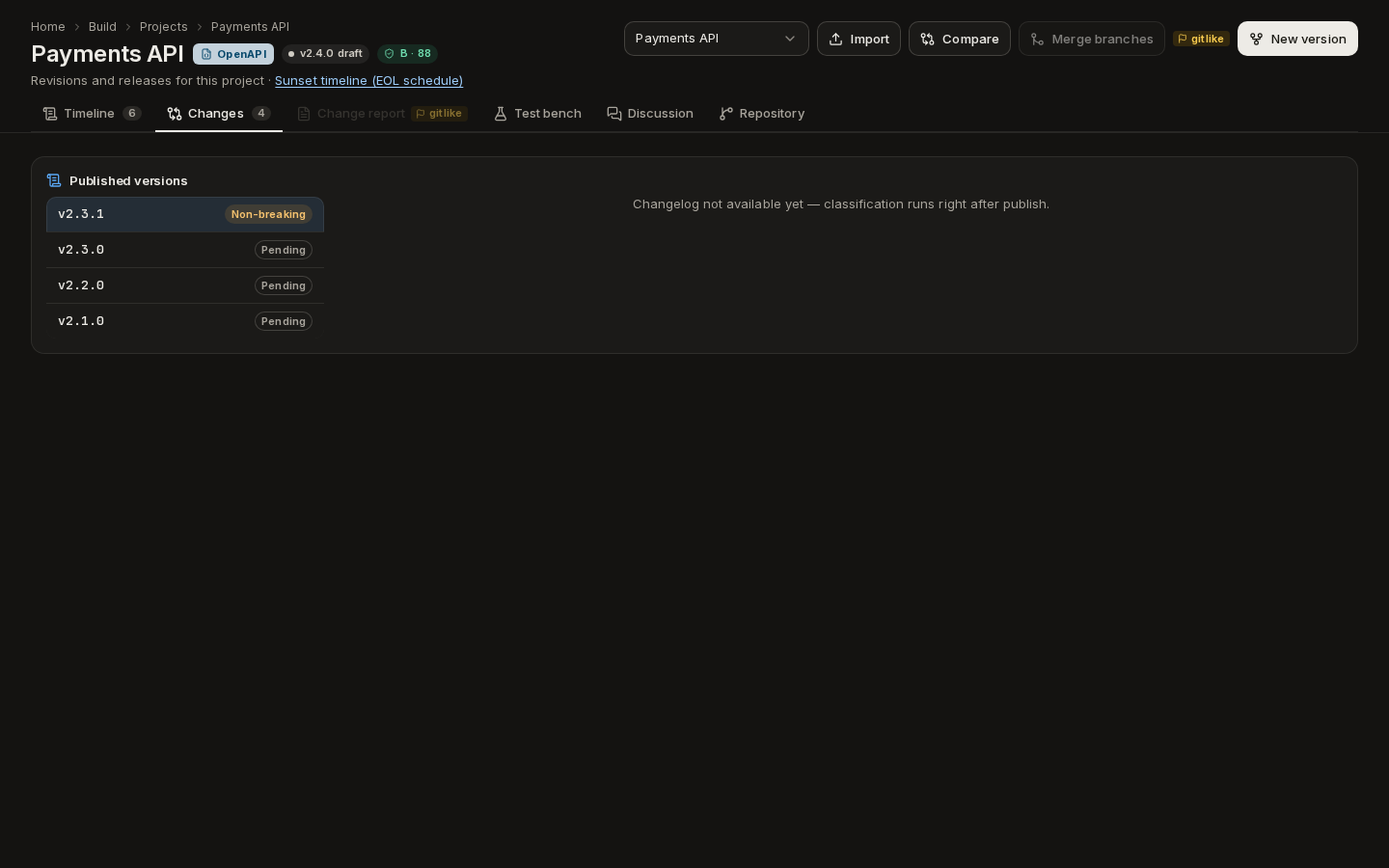 The Changes tab: published versions on the left, the selected version's classified changelog on the right
