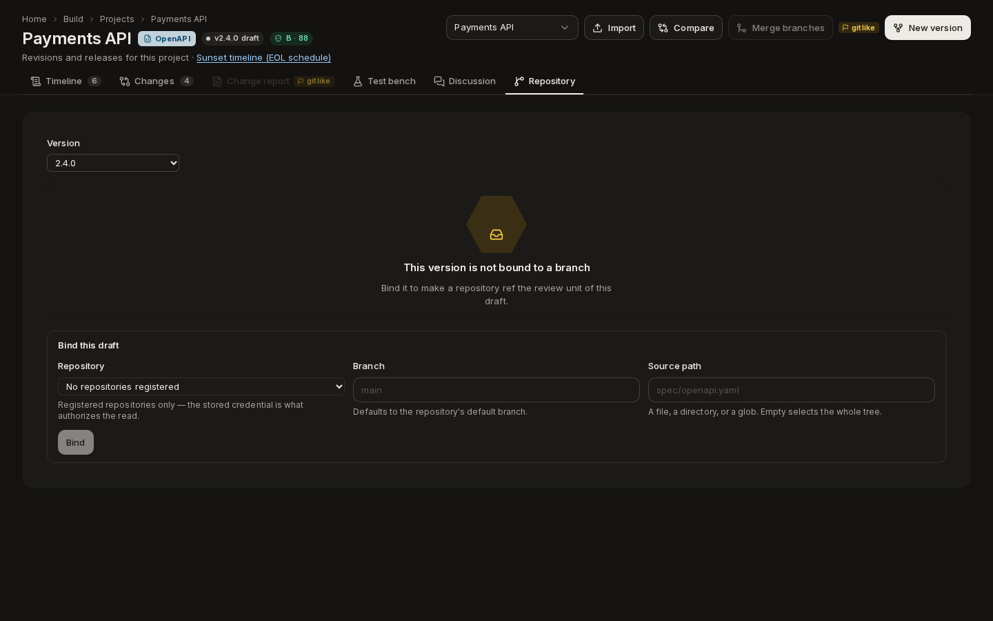 The Repository tab: an unbound draft, with repository, branch and source path fields