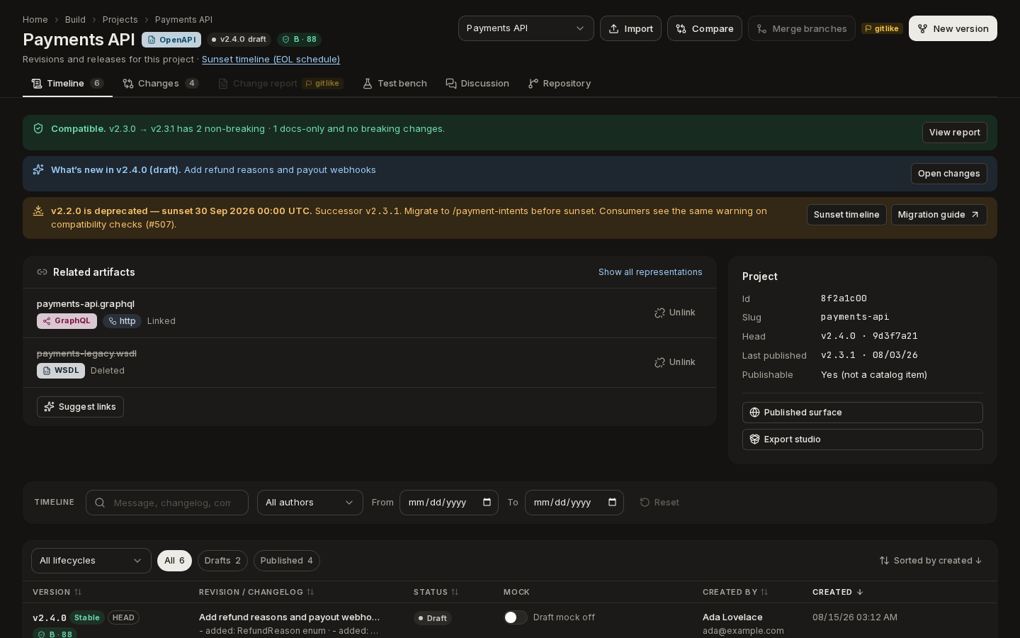 A project's Versions page: the Timeline tab with compatibility and deprecation banners, project facts and the version list