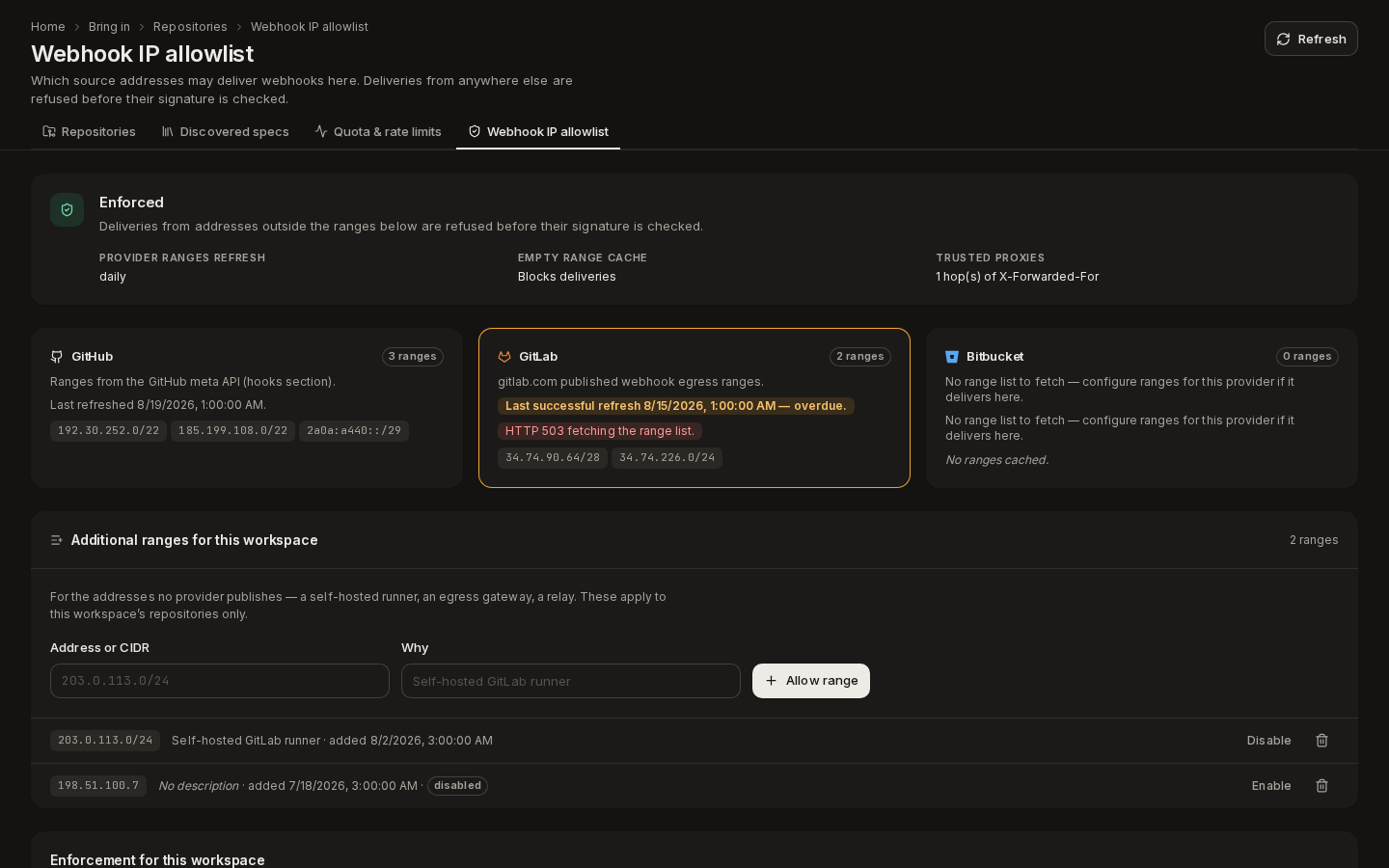 Webhook IP allowlist: enforcement, provider ranges and additional ranges for the workspace