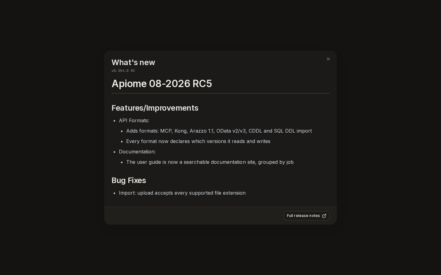What's new: this build's features and bug fixes, with Full release notes in the footer