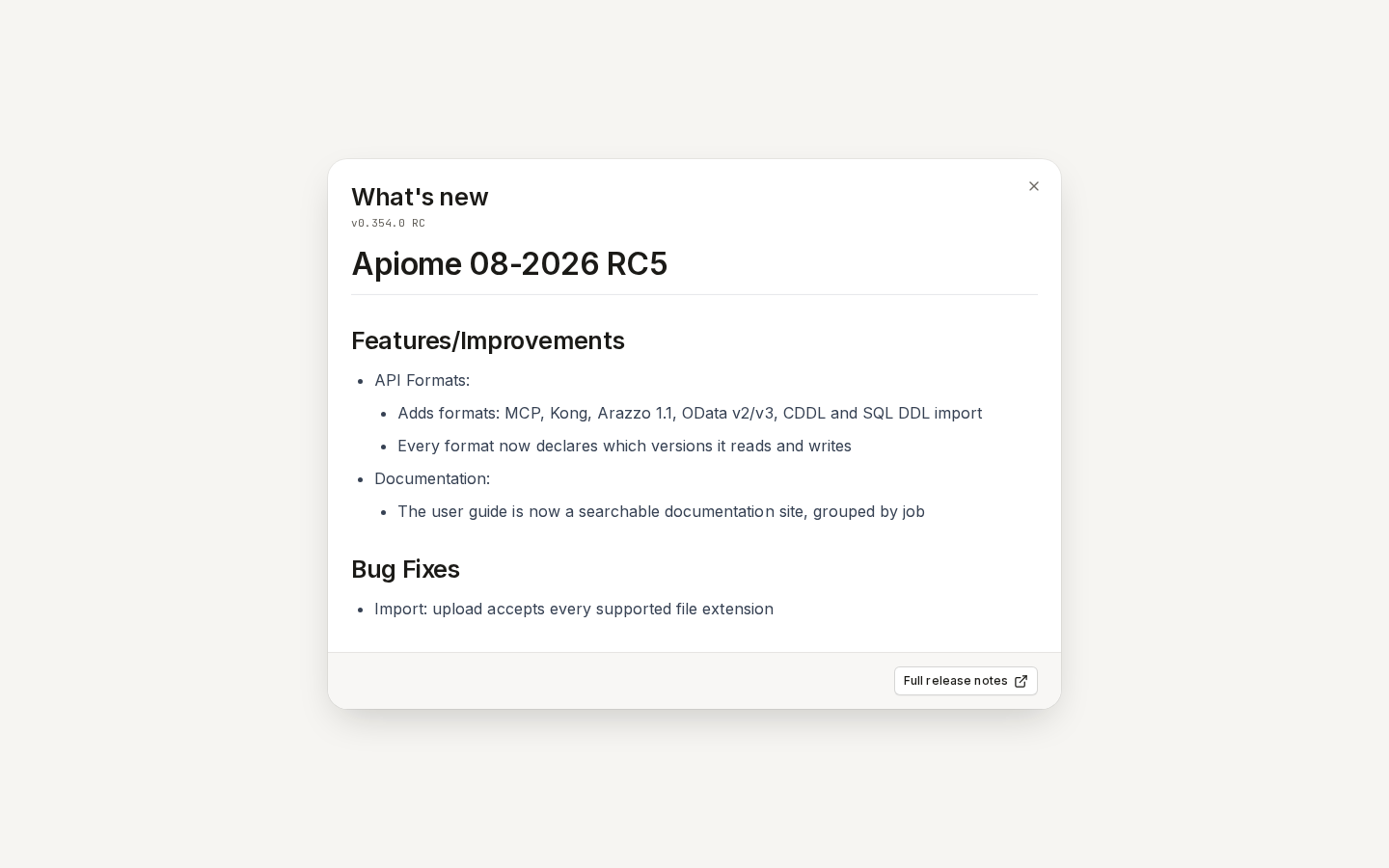 What's new: this build's features and bug fixes, with Full release notes in the footer